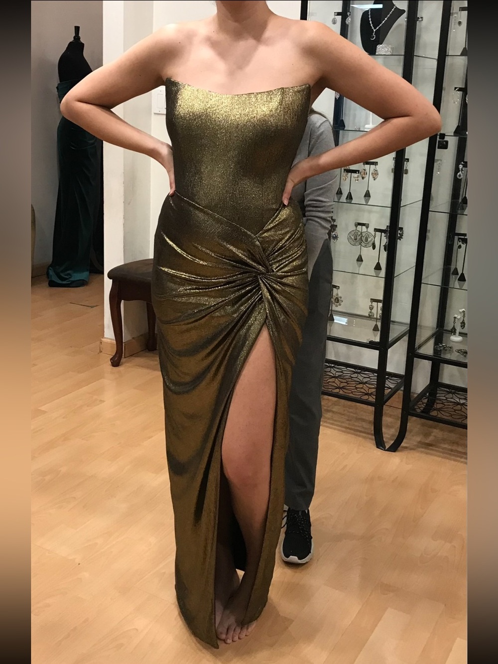 Strapless Metallic Gold Twist-Front Evening Gown